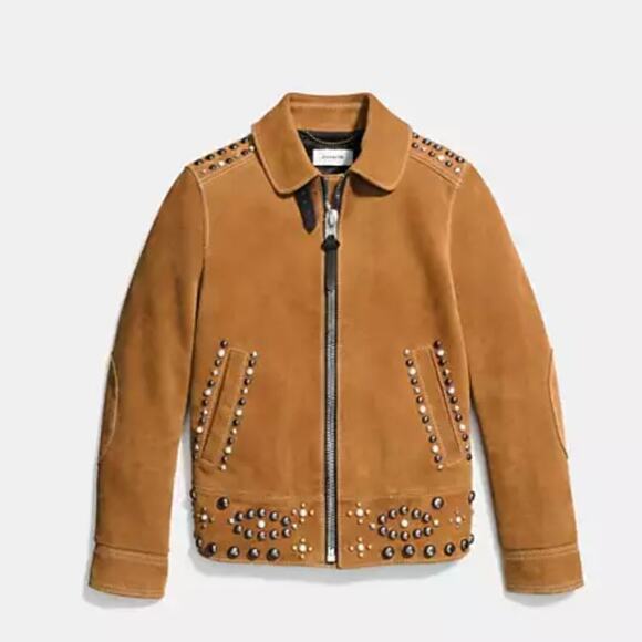COACH 1941 Suede Lambs Leather Studded Jacket Tan Camel Sz 6 MSRP $1795 - Picture 2 of 12